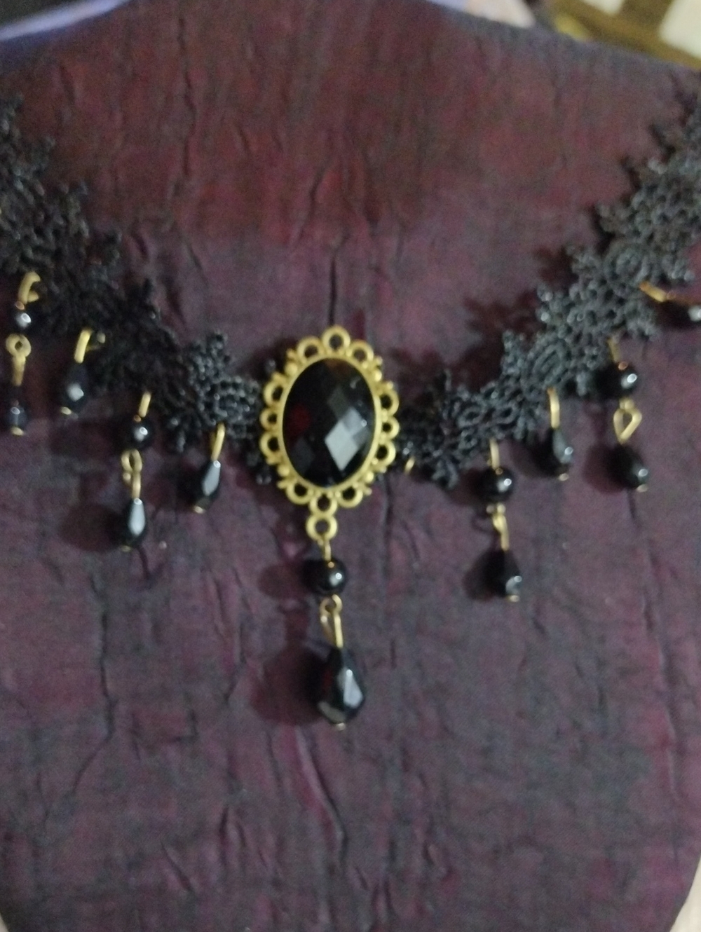 13"+Black Lace Gothic Choker Necklace with Black Gemstone Pendant